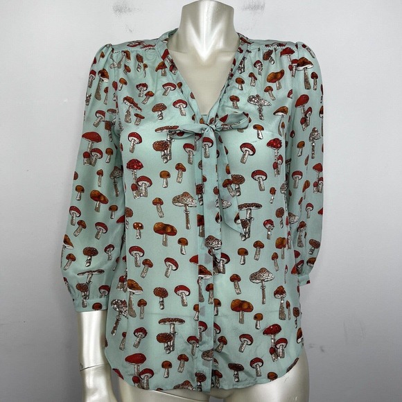 Moulinette Soeurs Tops - Moulinette Soeurs Silk Blouse Shirt Mint Green Toadstool Mushroom Print Sz 0